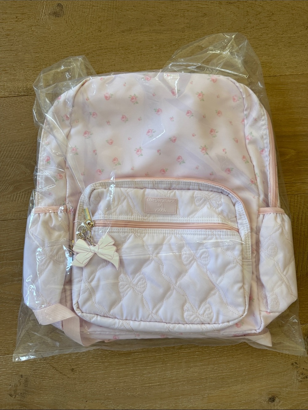 LoveShackFancy Pink Quilted Bow Backpack for Kids with Charm